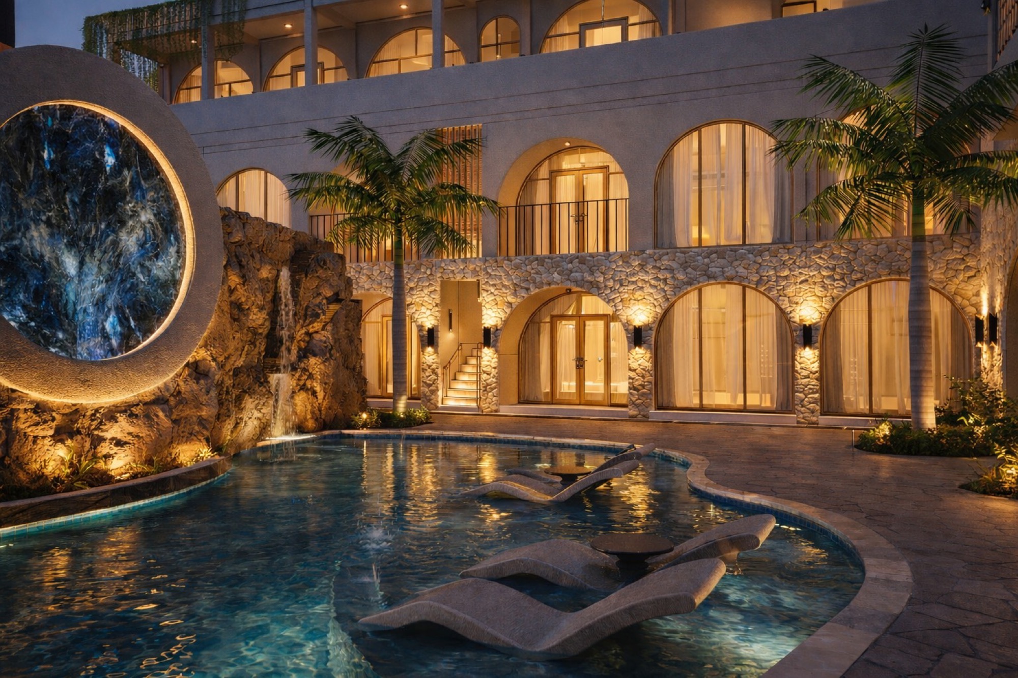 Evening view of the residence courtyard, arched doors and pool
